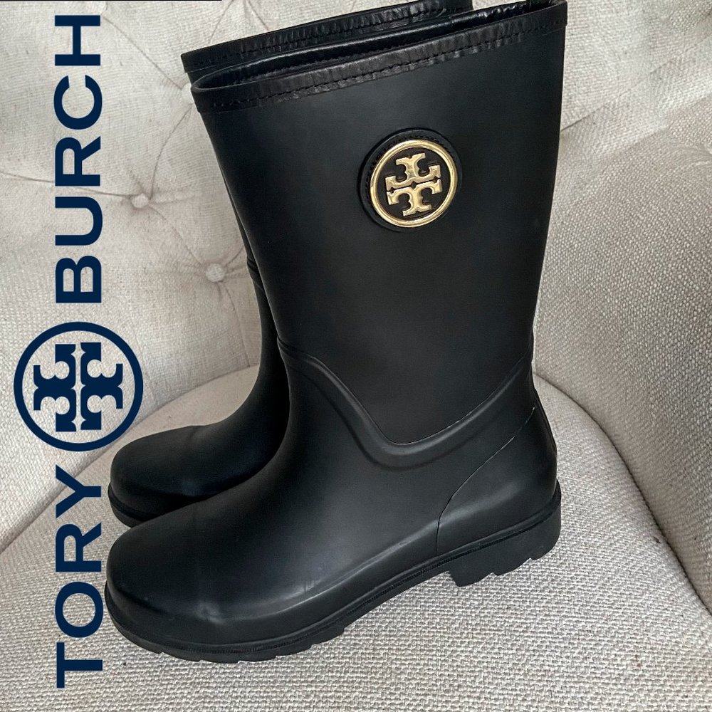 Tory Burch Black Rain Boots Gold Logo Size 9